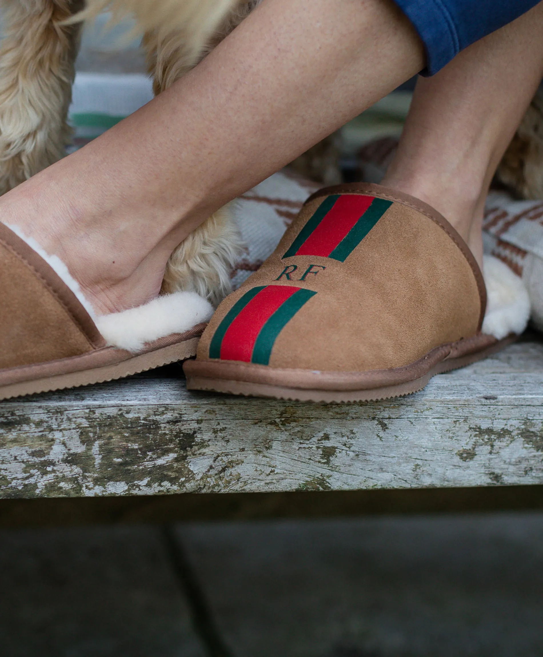 Personalised Mens Stripe Slip On Sheepskin Slippers