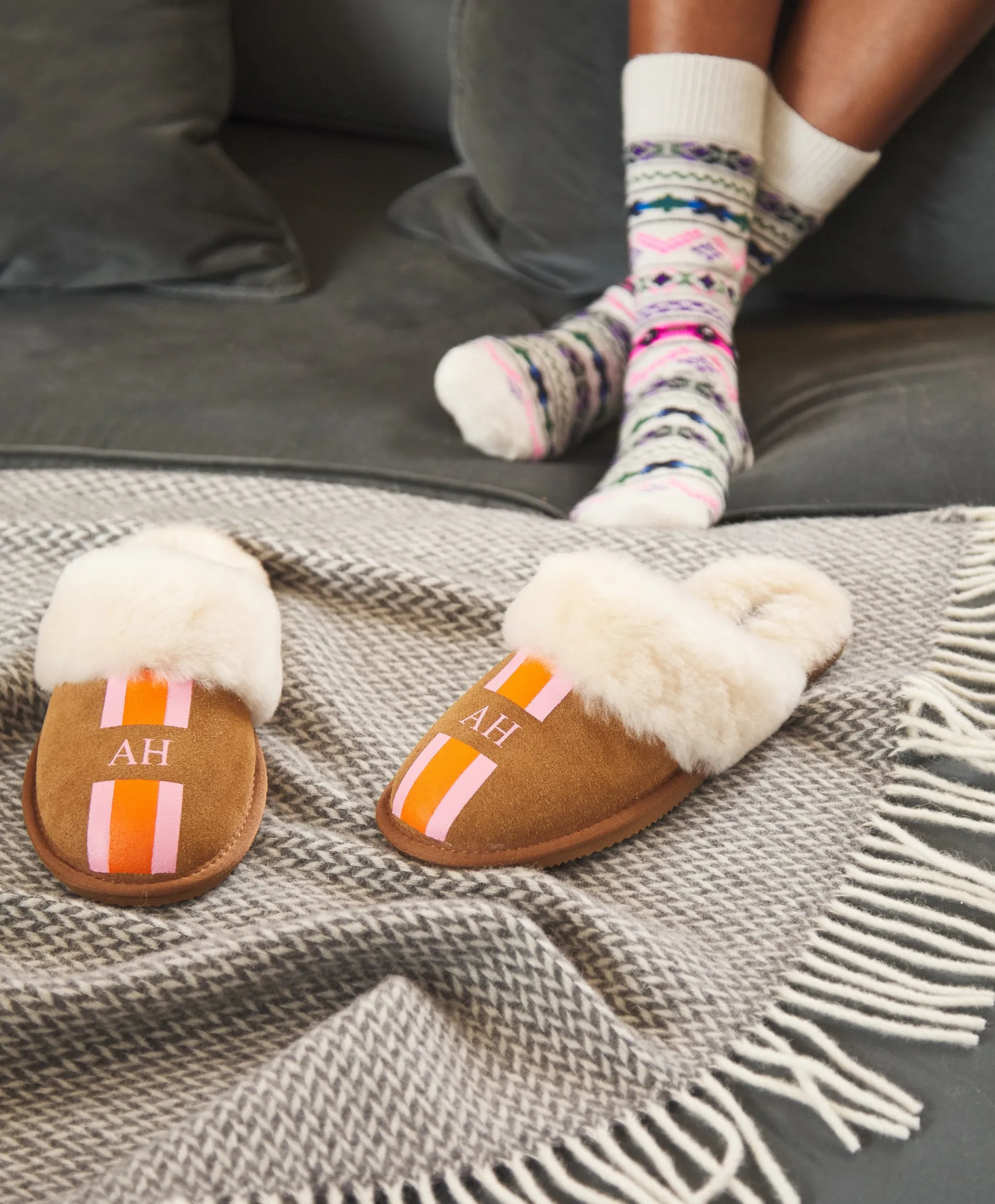 Personalised Womens Stripe Slip On Sheepskin Slippers