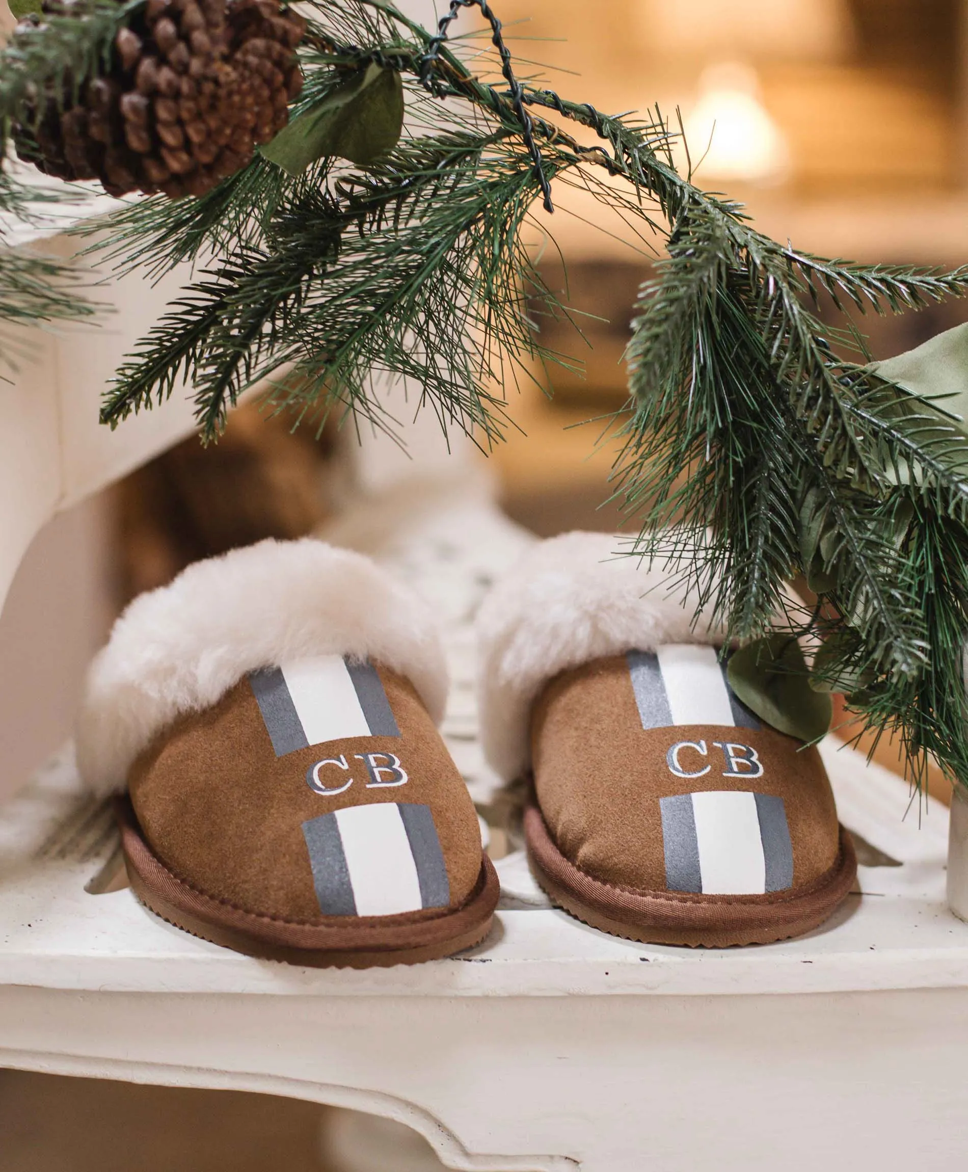 Personalised Womens Stripe Slip On Sheepskin Slippers