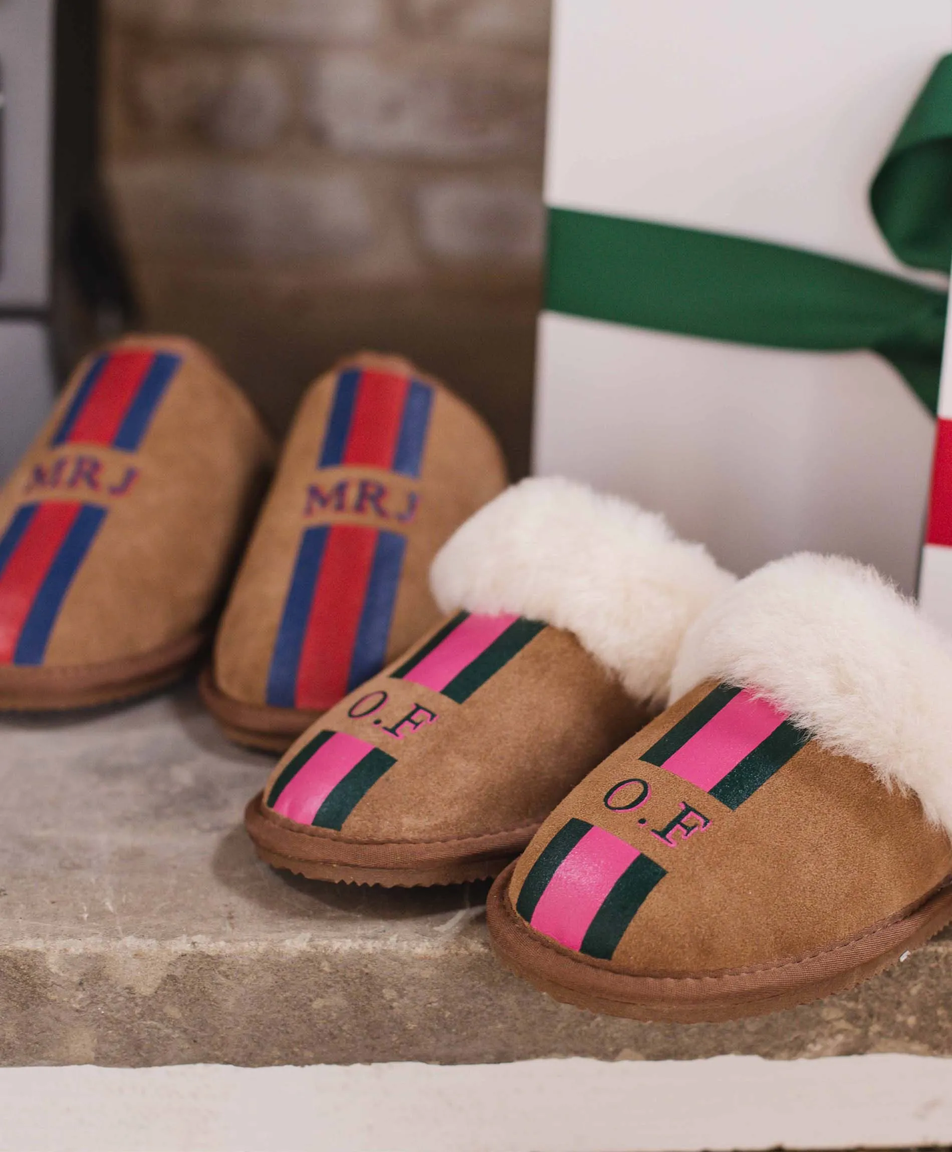 Personalised Womens Stripe Slip On Sheepskin Slippers