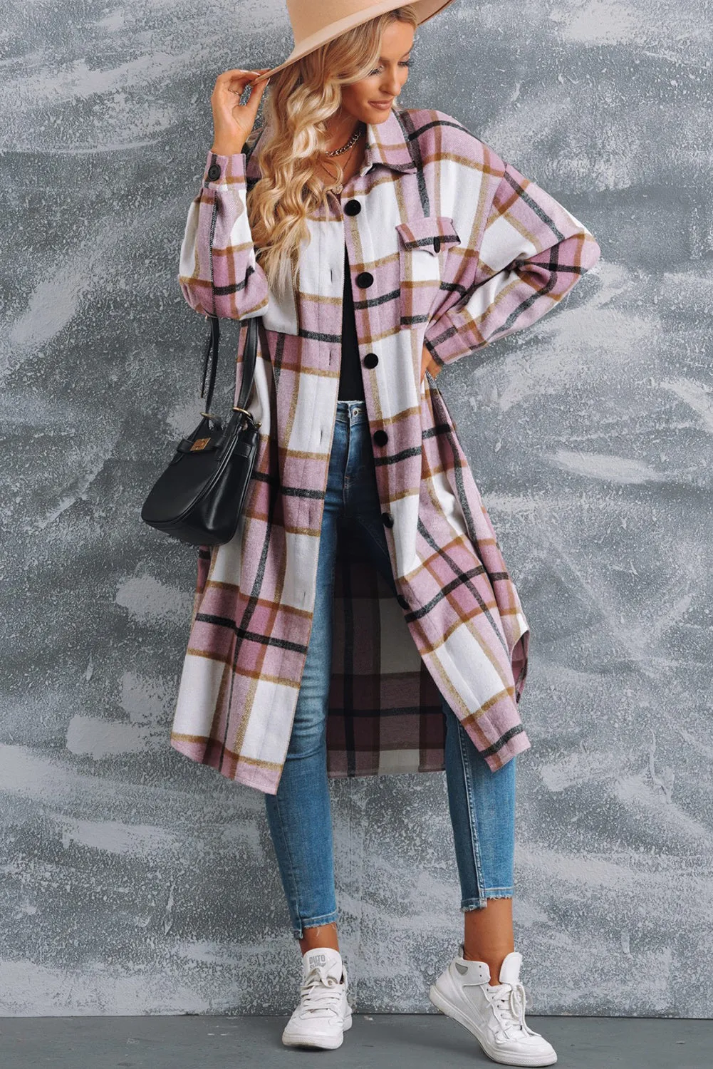 Plaid Button Front Side Slit Duster Coat