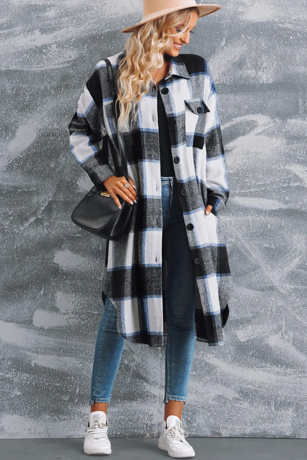 Plaid Button Front Side Slit Duster Coat