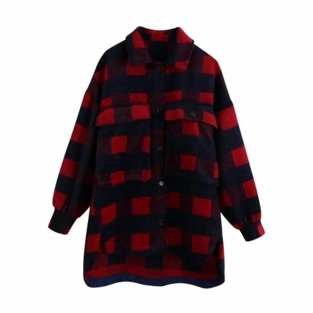 Plaid Woolen Fashion Pockets Turn-down Collar Coat