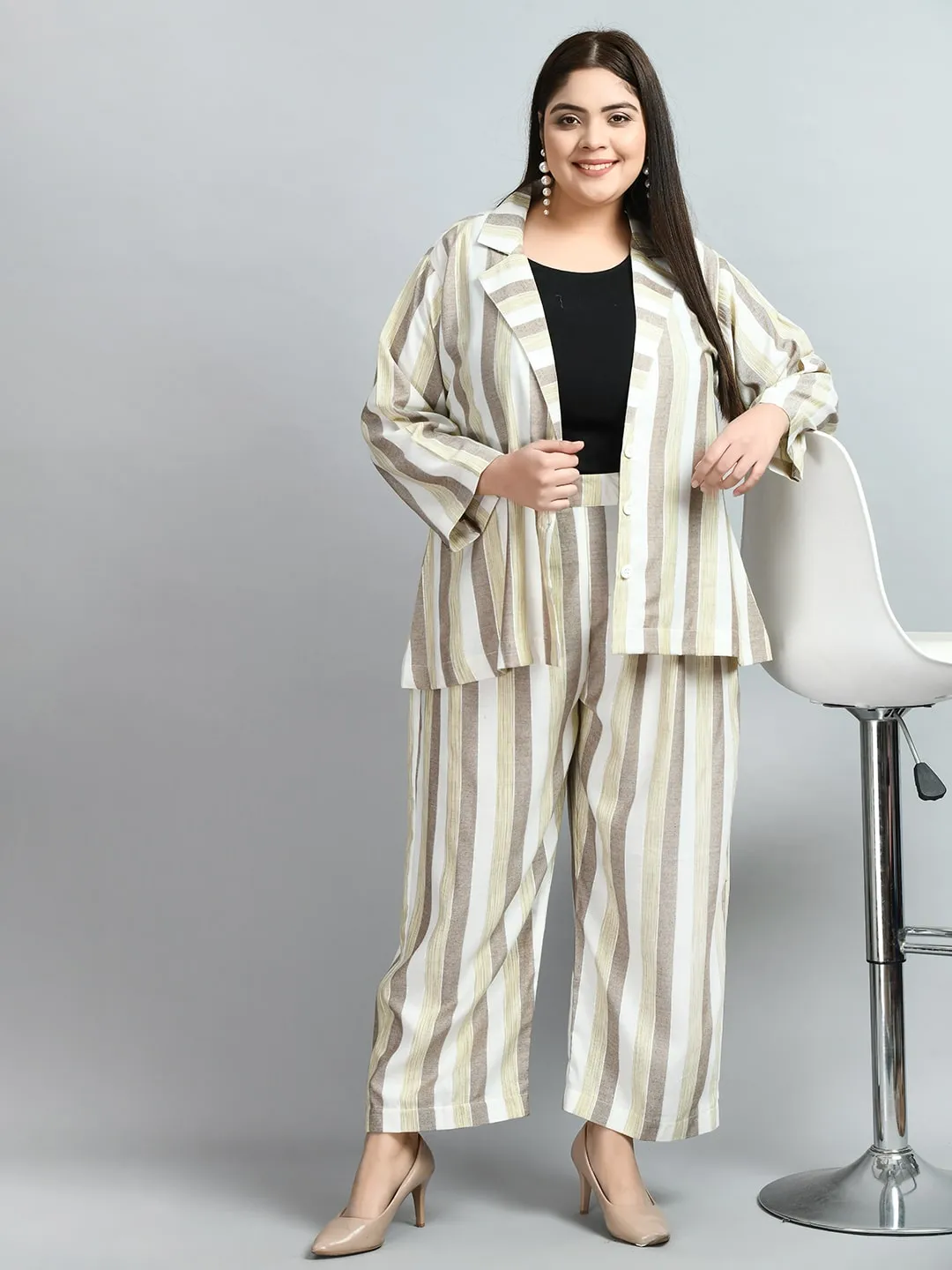 Plus Size Formal White & Beige Striped Co-ord Set