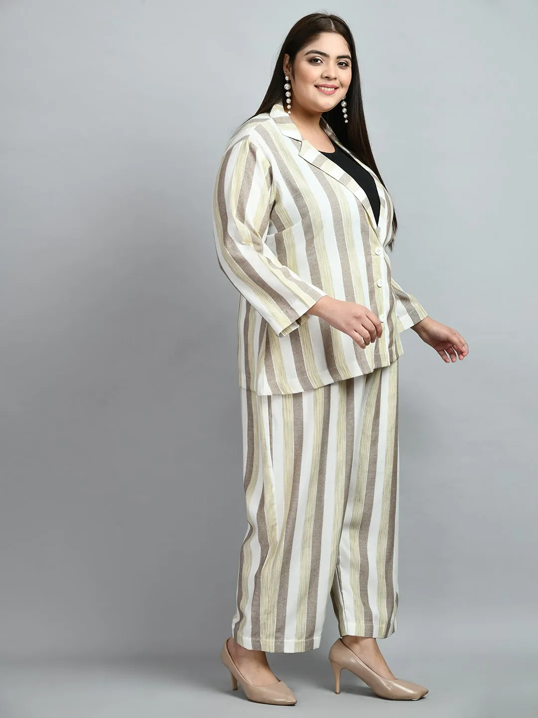 Plus Size Formal White & Beige Striped Co-ord Set