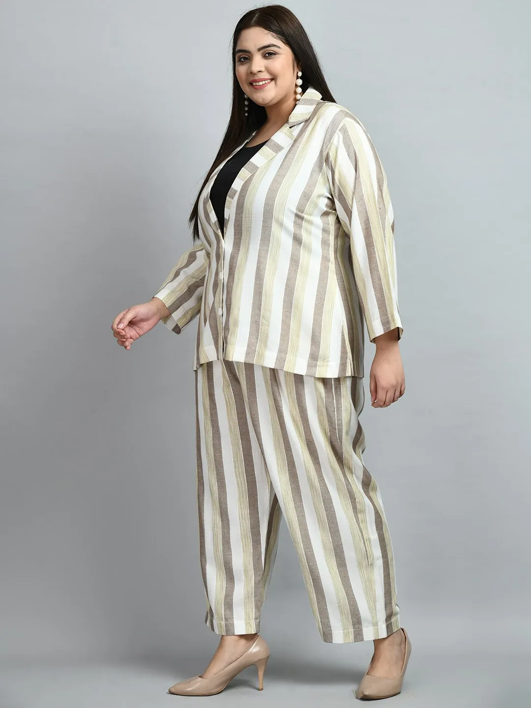 Plus Size Formal White & Beige Striped Co-ord Set