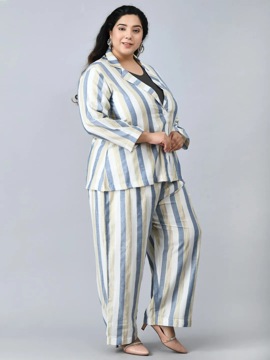 Plus Size Formal White & Blue Striped Co-ord Set