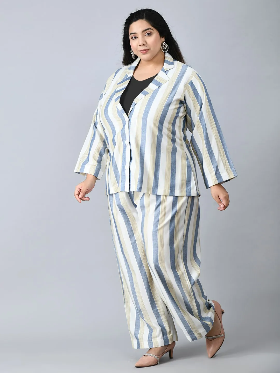 Plus Size Formal White & Blue Striped Co-ord Set