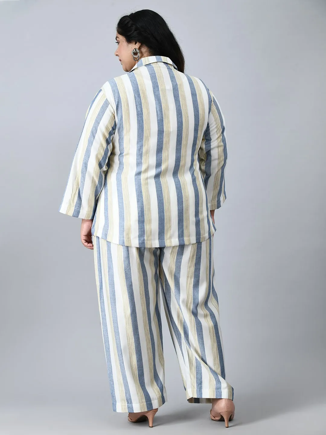 Plus Size Formal White & Blue Striped Co-ord Set