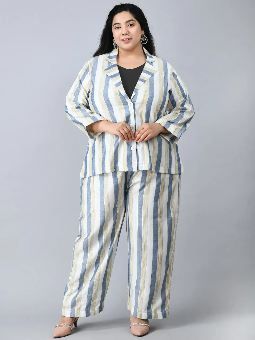 Plus Size Formal White & Blue Striped Co-ord Set