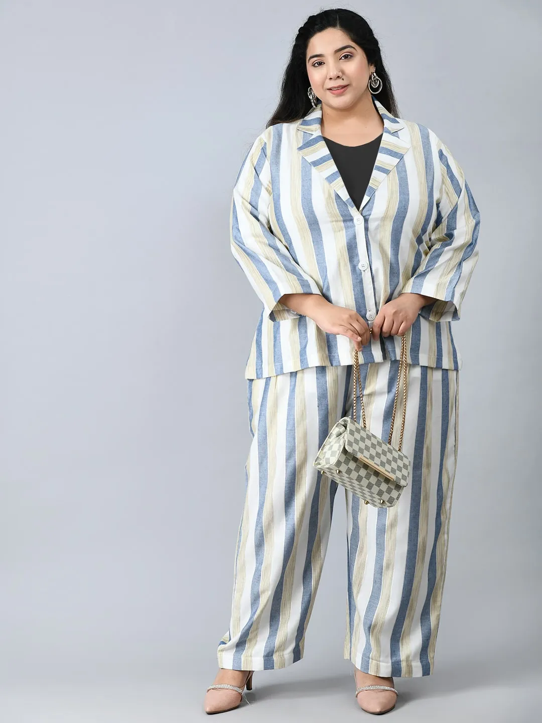 Plus Size Formal White & Blue Striped Co-ord Set