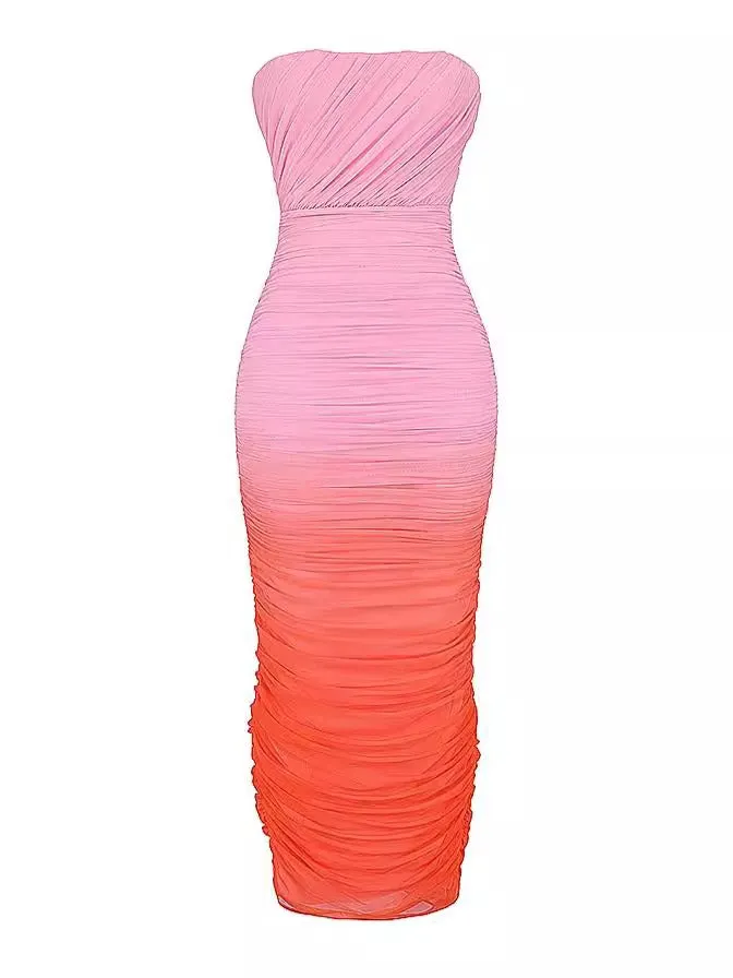 Pre Order:  Mesh Gradient Strapless Mid Length Dress