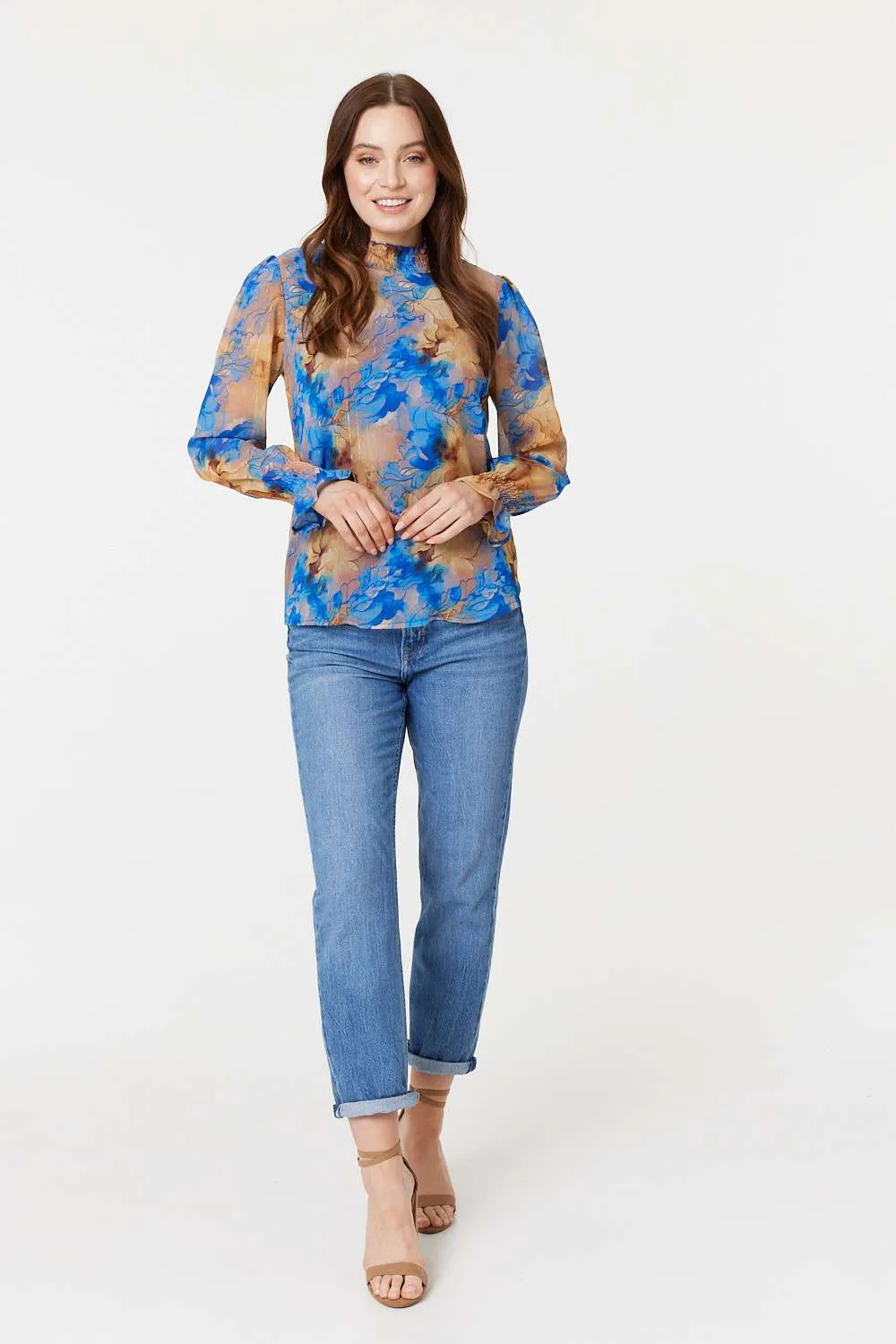 Printed High Neck Long Sleeve Blouse