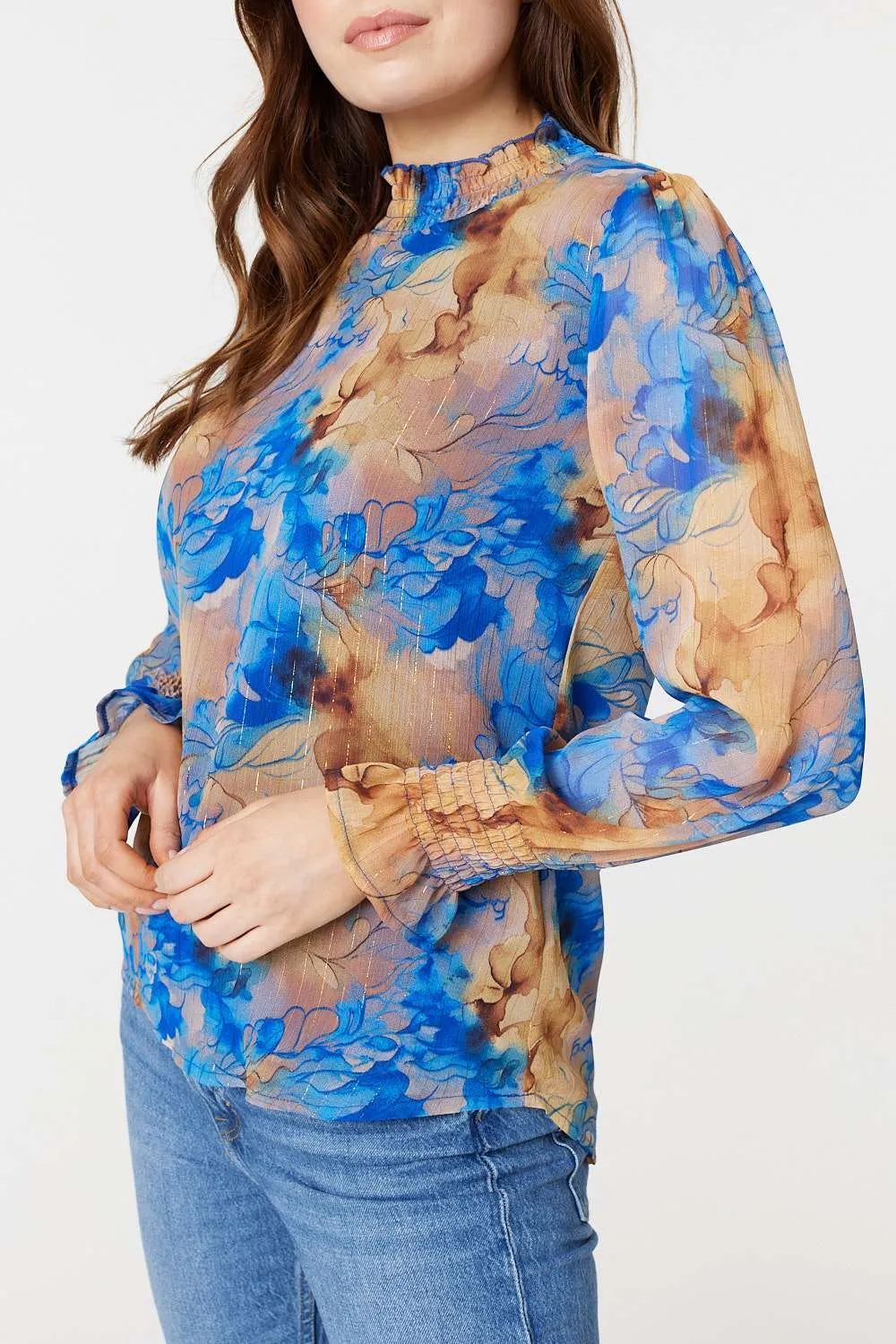 Printed High Neck Long Sleeve Blouse