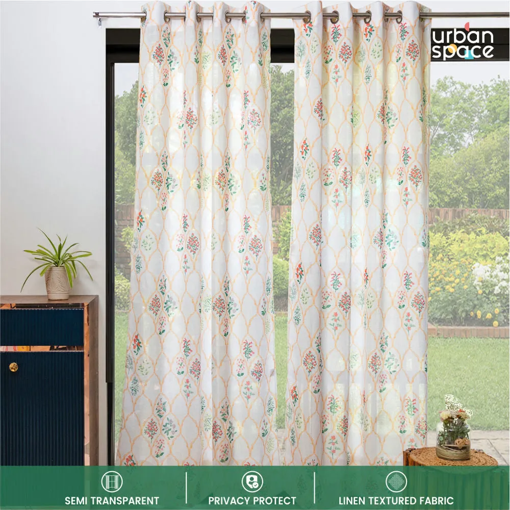 Printed Sheer Linen Curtains, Light Filtering, Pack of 2 Curtains - Floral symphony