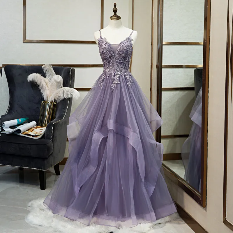 Purple Tulle Layers Long Formal Gown, Lace Applique Top Party Dress