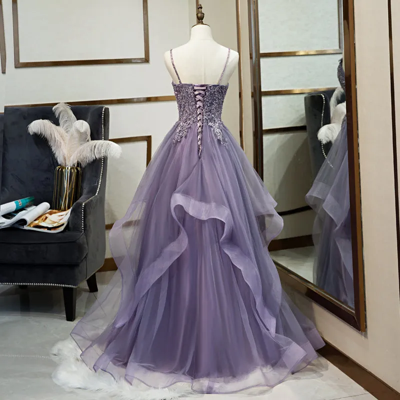 Purple Tulle Layers Long Formal Gown, Lace Applique Top Party Dress