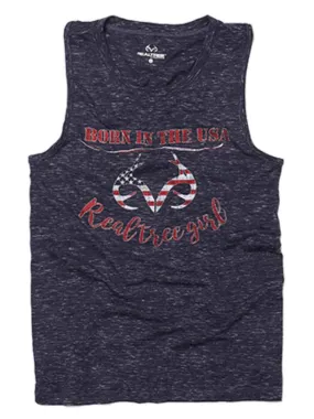 Realtree Camouflage WOMEN Navy "Born in the USA" Tank w Keyhole Backing