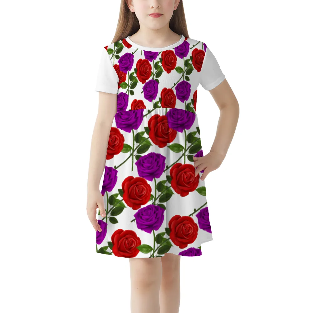 Red Rose Purp Girls Fashion Short Sleeve Skater Dress