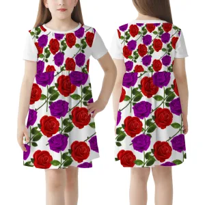 Red Rose Purp Girls Fashion Short Sleeve Skater Dress