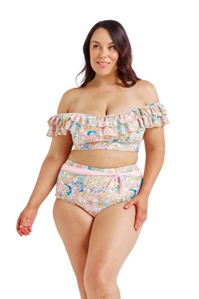 Retro Floral Double Frill Bikini Top