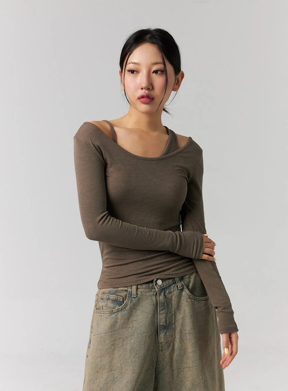 Ribbed Layered Cami and Long Sleeve Top CG316