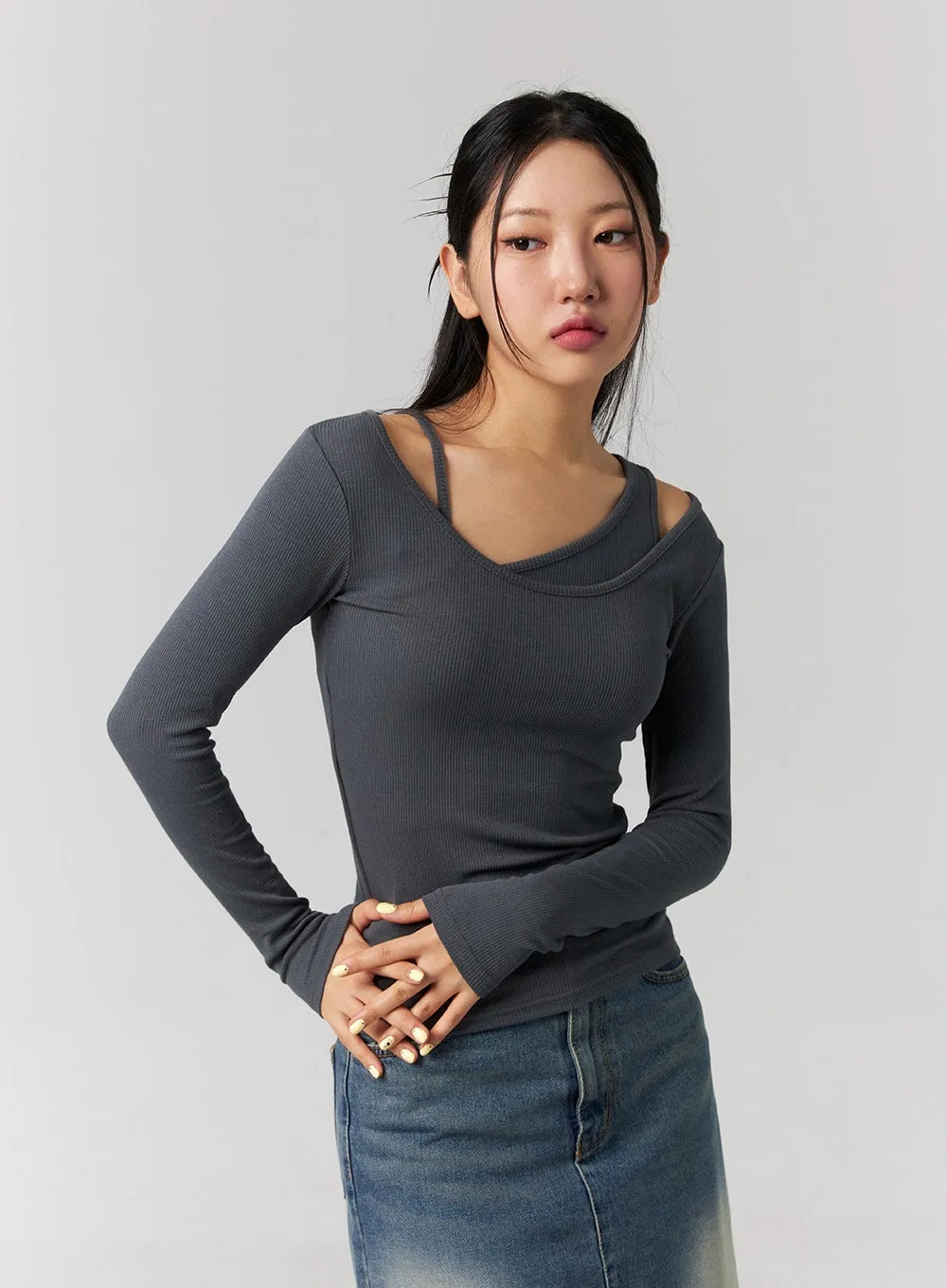 Ribbed Layered Cami and Long Sleeve Top CG316