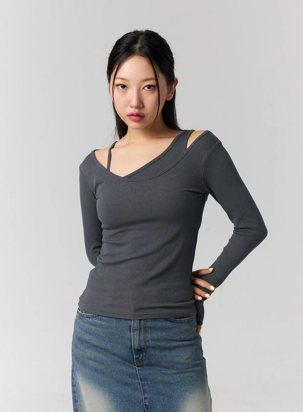 Ribbed Layered Cami and Long Sleeve Top CG316