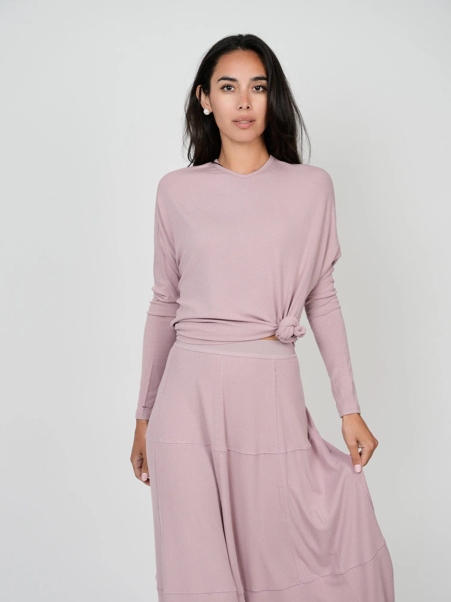 RIBBED SEAMED T-SHIRT SKIRT-MAUVE