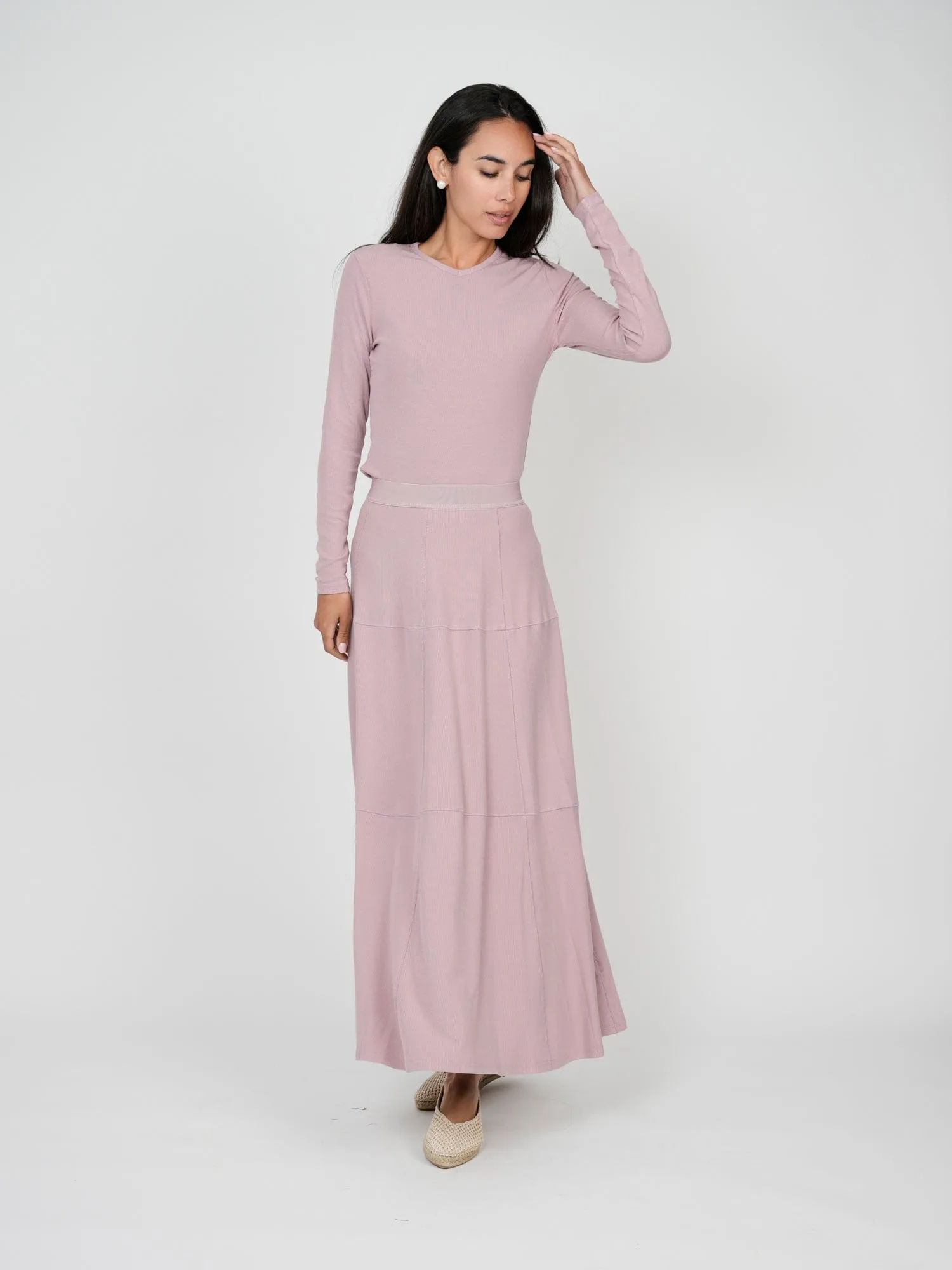 RIBBED SEAMED T-SHIRT SKIRT-MAUVE