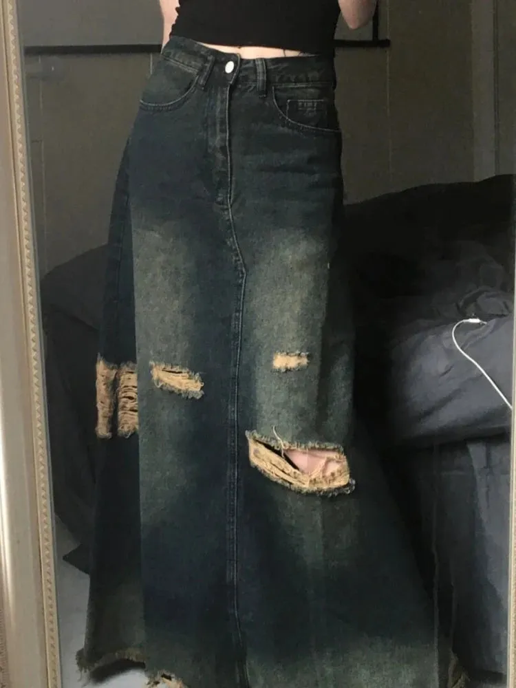 Ripped-Look Wide Long Jeans-Skirt