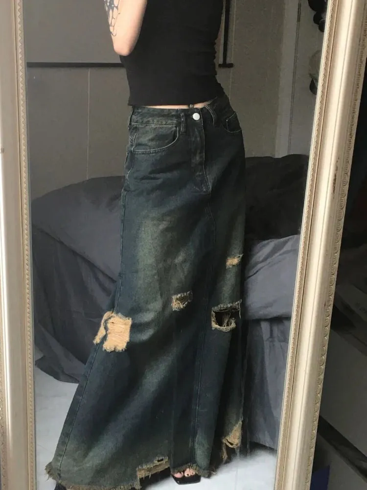 Ripped-Look Wide Long Jeans-Skirt