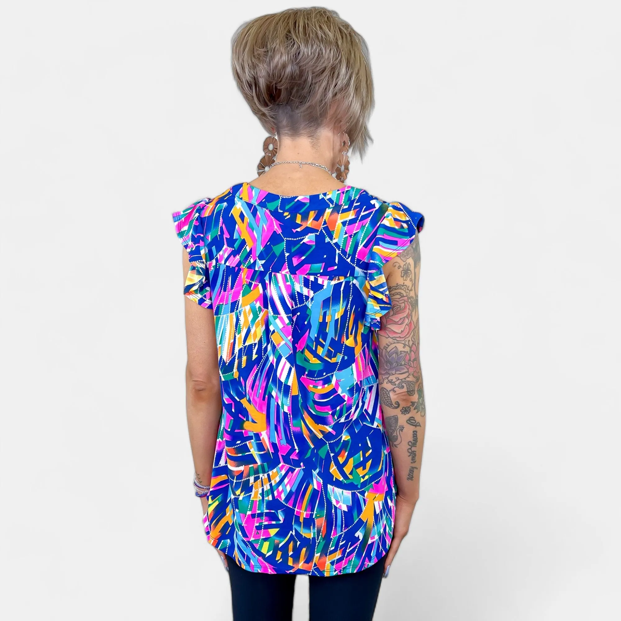 Royal Multi Abstract Lizzy Flutter Sleeve Top [NO RETURNS]