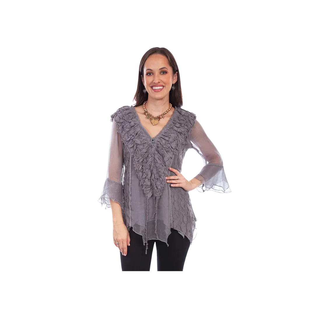 Scully Leathers Women's Crochet Lace Top Grey Shirt