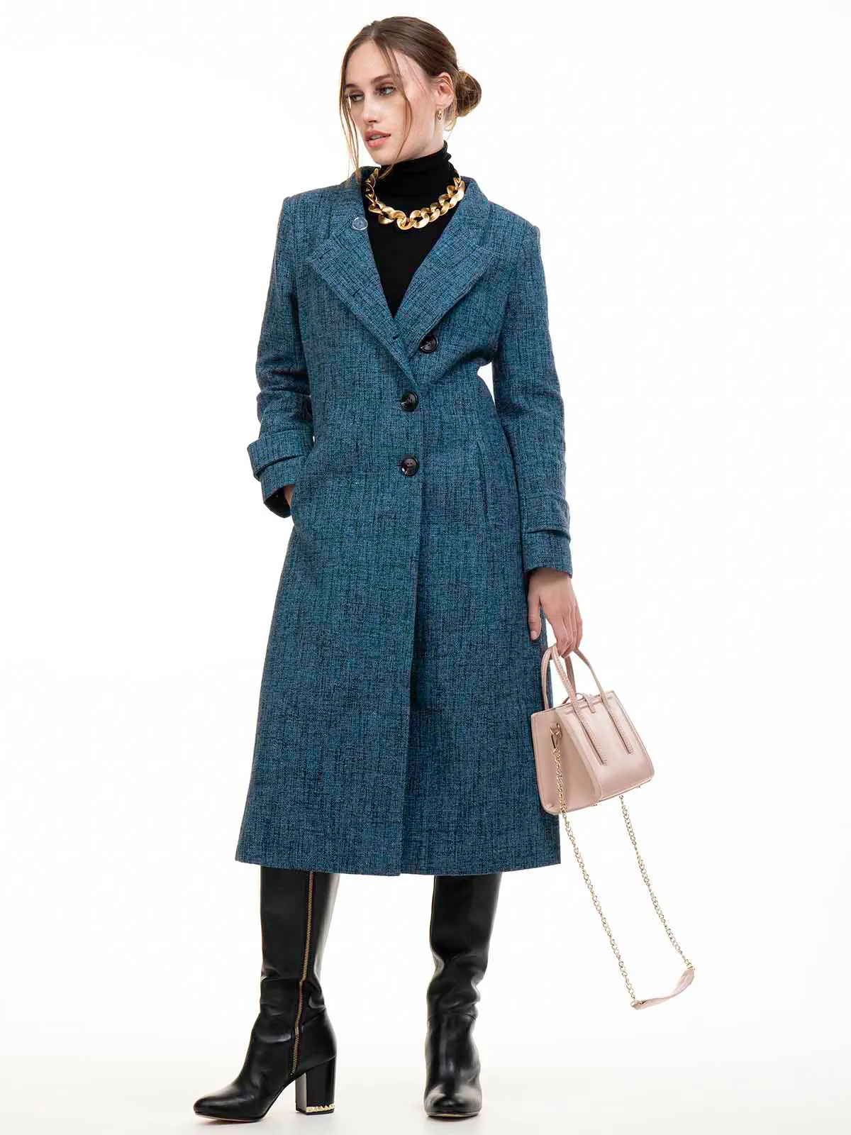 Selena Textured Flare Coat, Dark Blue