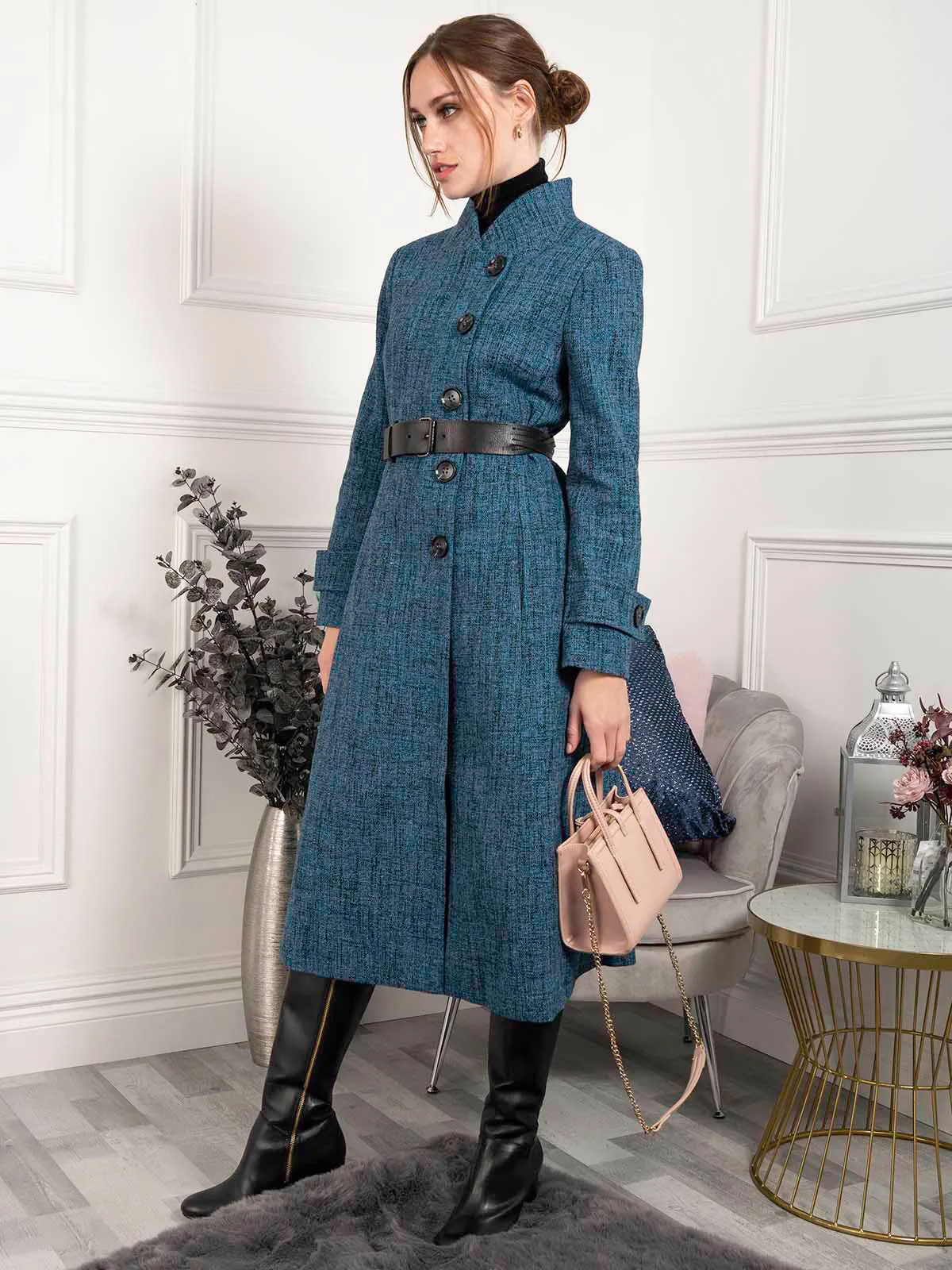 Selena Textured Flare Coat, Dark Blue