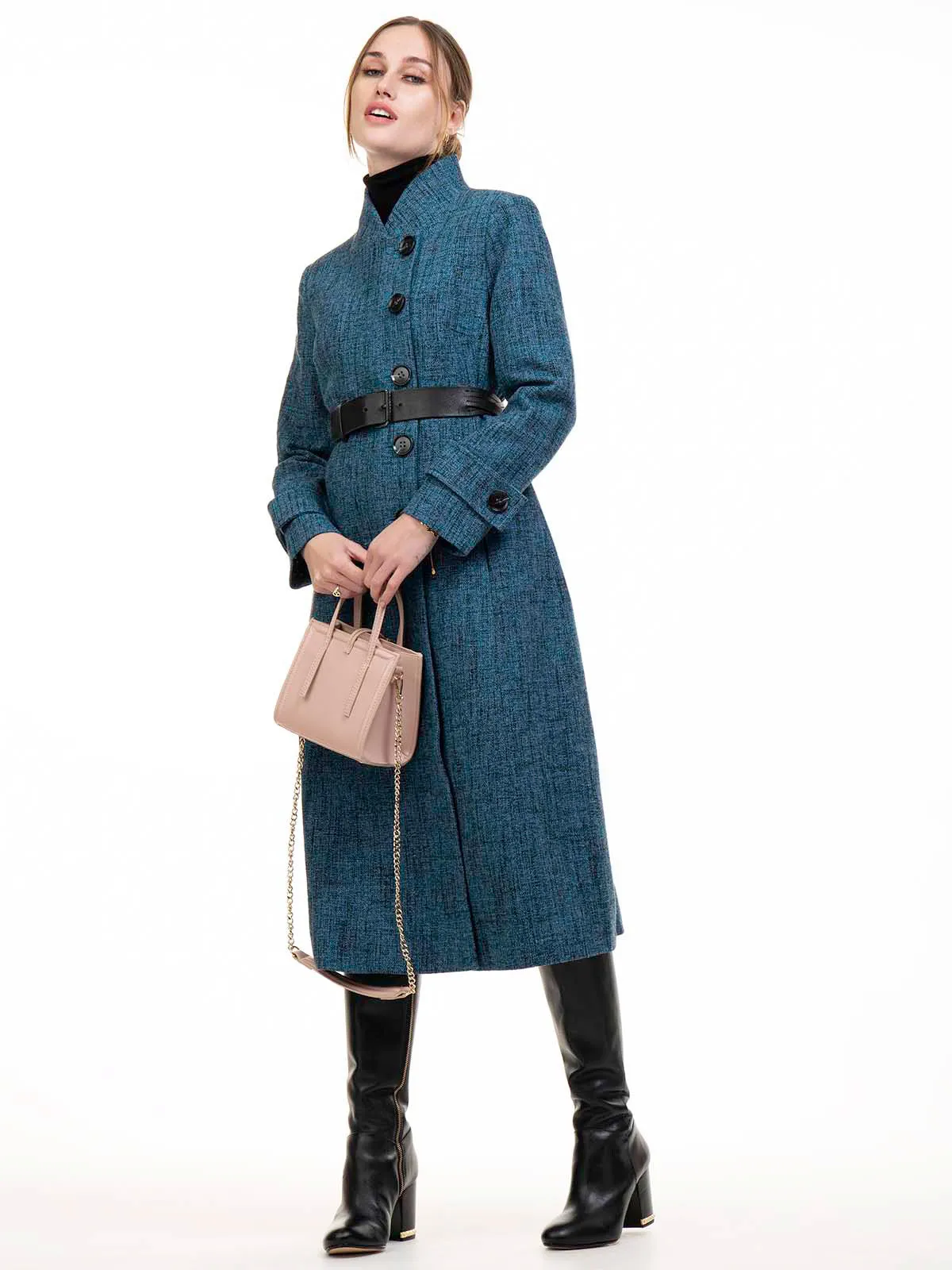 Selena Textured Flare Coat, Dark Blue