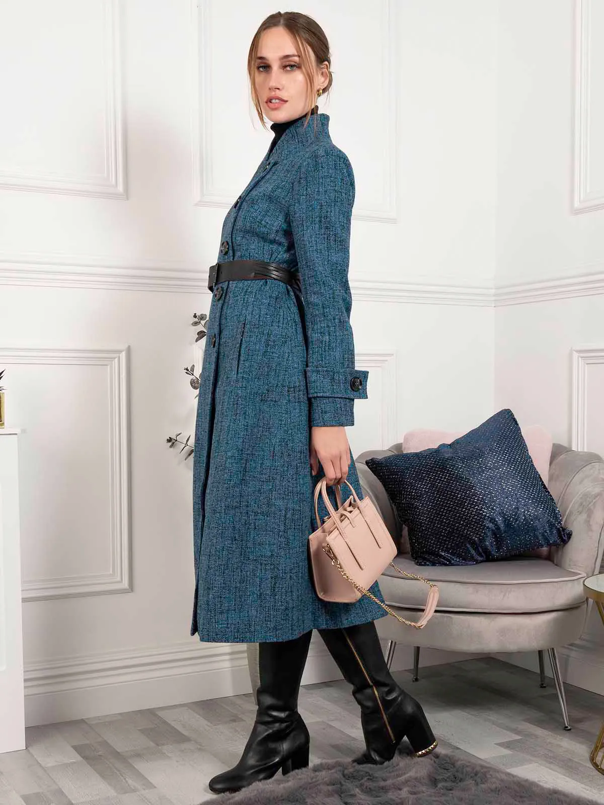 Selena Textured Flare Coat, Dark Blue