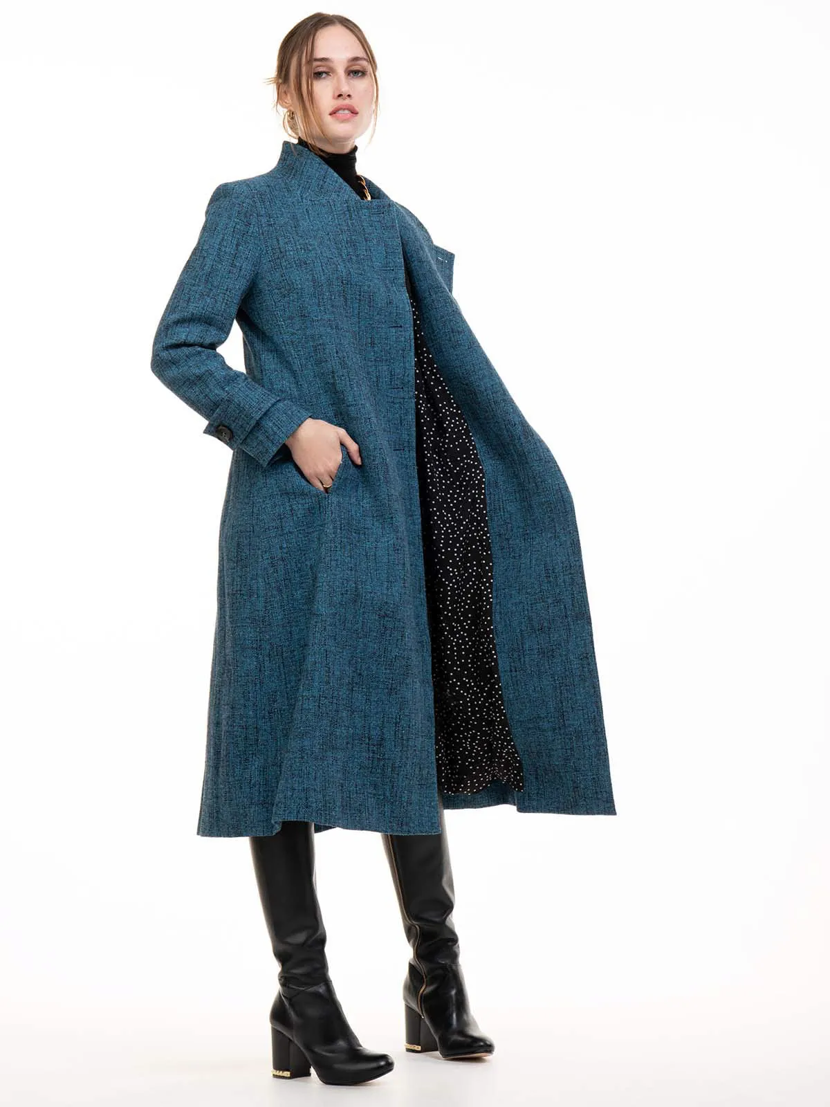 Selena Textured Flare Coat, Dark Blue