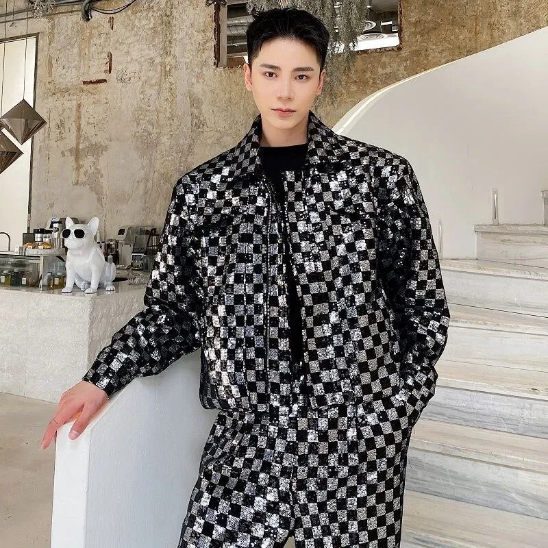 Sequin Embroidered Plaid Short Men's Jacket Chic Design Lapel Zipped Short Coat 2023 New Autumn Oversized Clothing 9Y9983