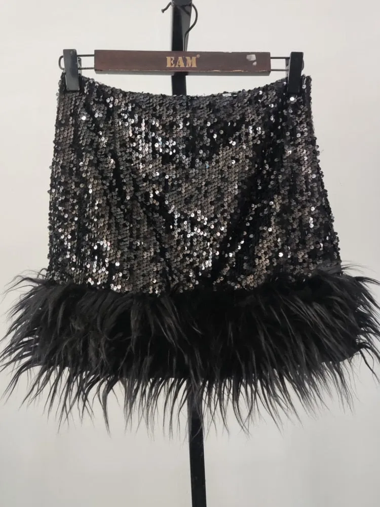 Sequin Fur Trim Mini Skirt