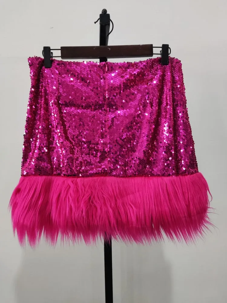 Sequin Fur Trim Mini Skirt