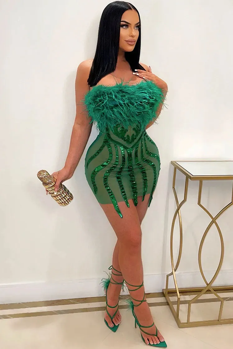 Sexy Faux Fur Strapless Sequin Sheer Mesh Club Mini Dress - Green