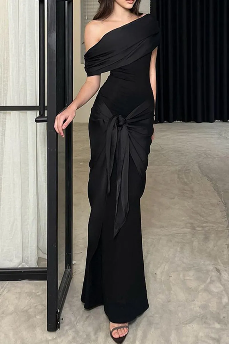 Sexy Formal Solid Mesh Oblique Collar Evening Dresses