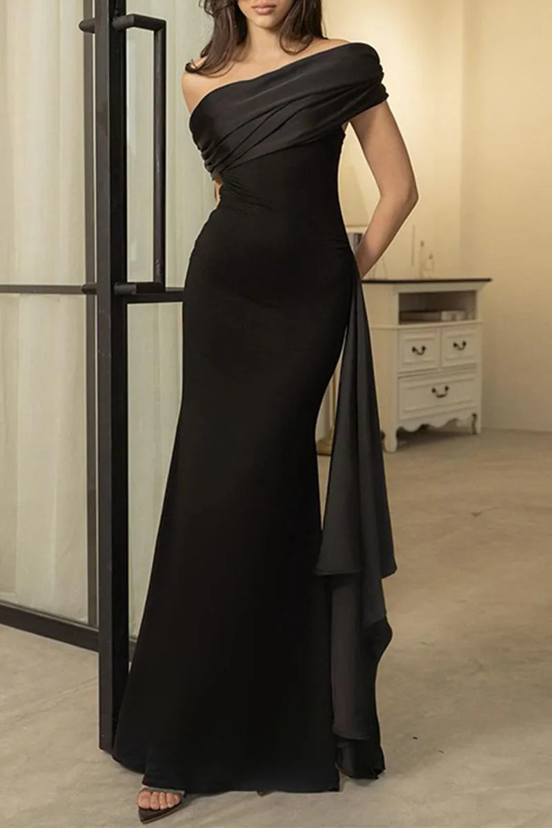 Sexy Formal Solid Mesh Oblique Collar Evening Dresses