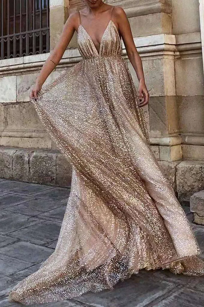 Sexy Formal Solid Sequined V Neck Sling Dresses