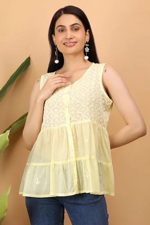 Shwet Women Yellow Chikankari Sleevless Tier Top - 291