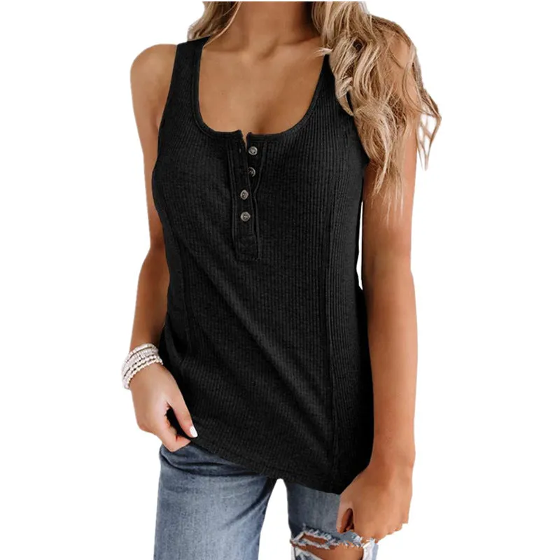 Solid Color Button Sleeveless Tank Top T Shirt Women