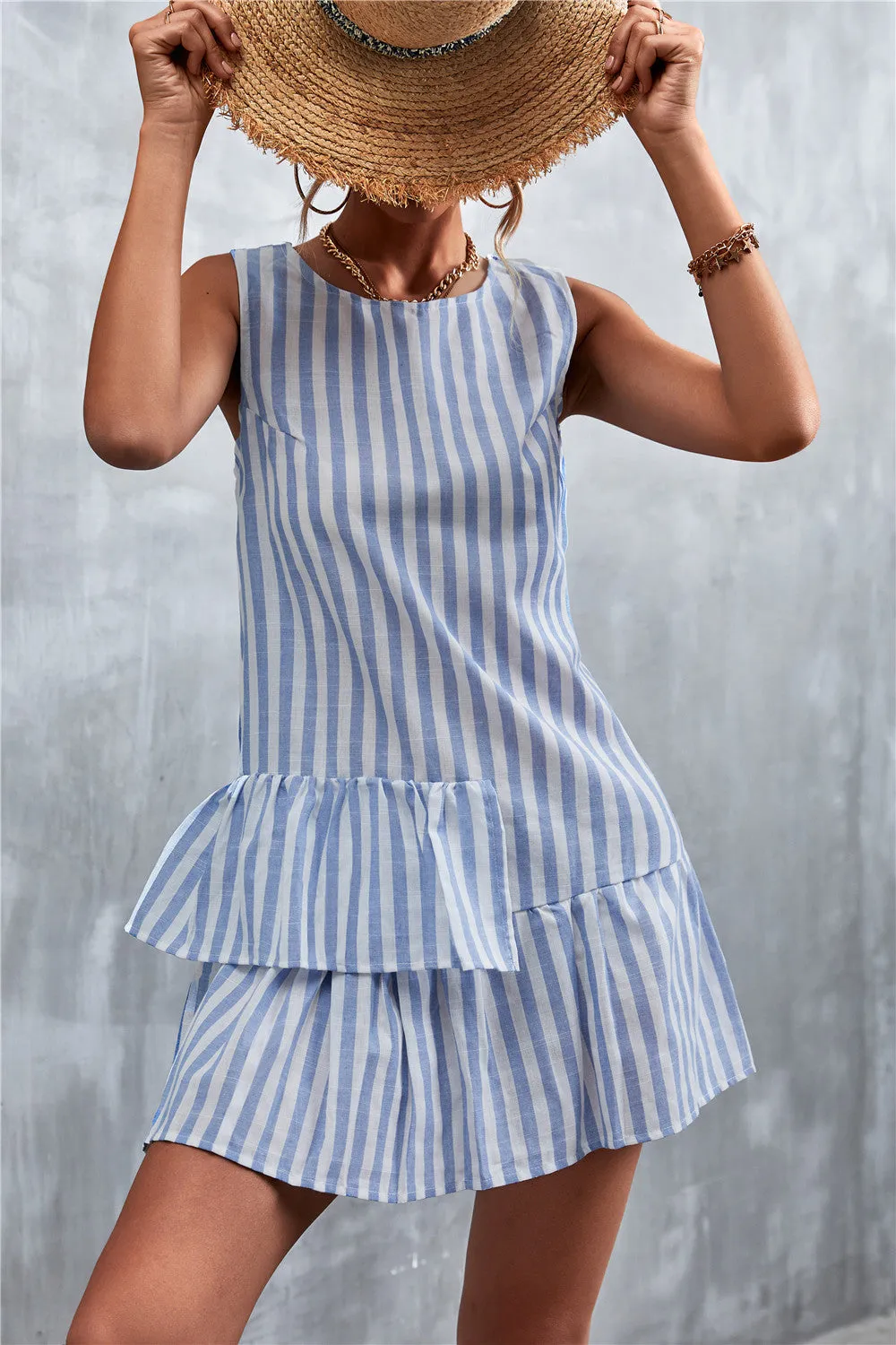 Striped Layered Sleeveless Dress Women's Casual Pinstripe Mini Dress