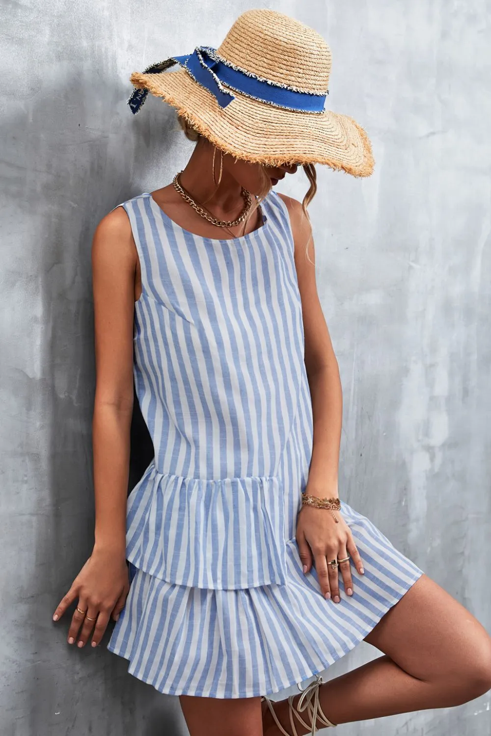 Striped Layered Sleeveless Dress Women's Casual Pinstripe Mini Dress